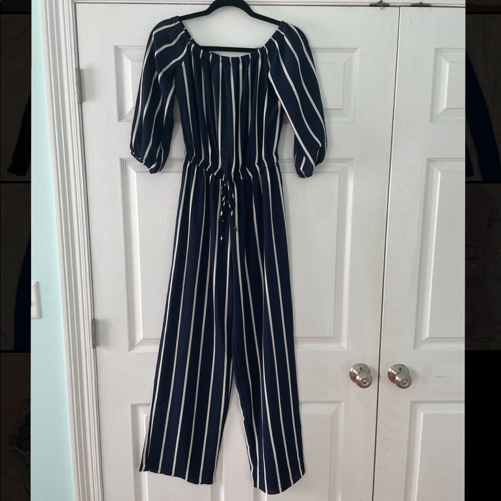 HAUTE MONDE WOMENS NAVY BLUE STRIPED JUMPSUIT